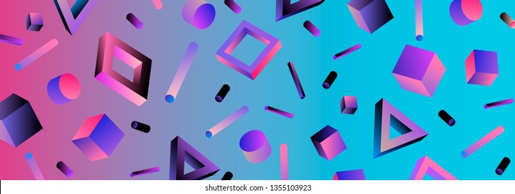 Neo memphis/ vaporwave abstract background. Neon 3d shapes - polygon, cube, prism, cylinder, cuboid, ect. Retrofuturistic print for t-shirt, notebook, poster, cover.