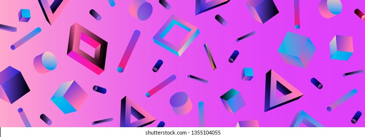 Neo memphis/ vaporwave abstract background. Neon 3d shapes - polygon, cube, prism, cylinder, cuboid, ect. Retrofuturistic print for t-shirt, notebook, poster, cover.