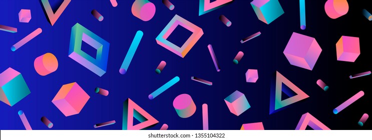 Neo memphis/ vaporwave abstract background. Neon 3d shapes on dark background - polygon, cube, prism, cylinder, cuboid, ect. Futuristic print for t-shirt, notebook, poster.