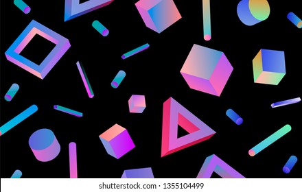 Neo memphis/ vaporwave abstract background. Neon 3d shapes on dark background - polygon, cube, prism, cylinder, cuboid, ect. Futuristic print for t-shirt, notebook, poster.