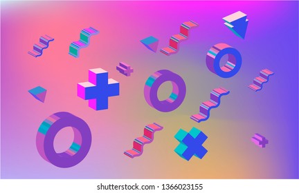 Neo memphis/ vaporwave colofrul abstract background with extruded 3d geometric shapes on neon shiny holographic background. Minimal simple template for music poster, party cover ect.
