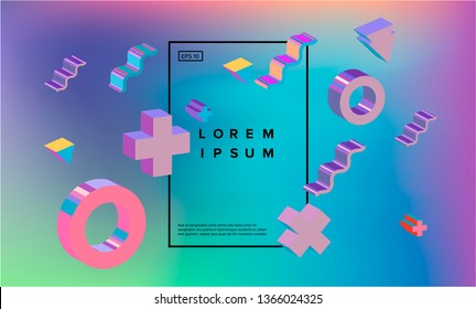 Neo memphis/ vaporwave colofrul abstract background with extruded 3d geometric shapes on neon shiny holographic background. Minimal simple template for music poster, party cover ect.