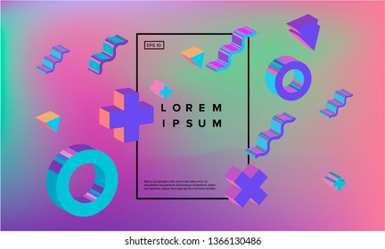 Neo memphis/ vaporwave colofrul abstract background with extruded 3d geometric shapes on neon shiny holographic background. Minimal simple template for music poster, party cover ect.