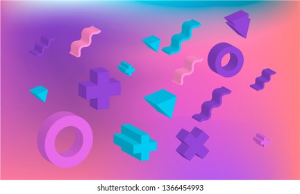 Neo memphis/ vaporwave colofrul abstract background with extruded 3d geometric shapes on neon shiny holographic background. Minimal simple template for music poster, party cover ect.