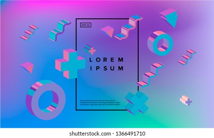 Neo memphis/ vaporwave colofrul abstract background with extruded 3d geometric shapes on neon shiny holographic background. Minimal simple template for music poster, party cover ect.