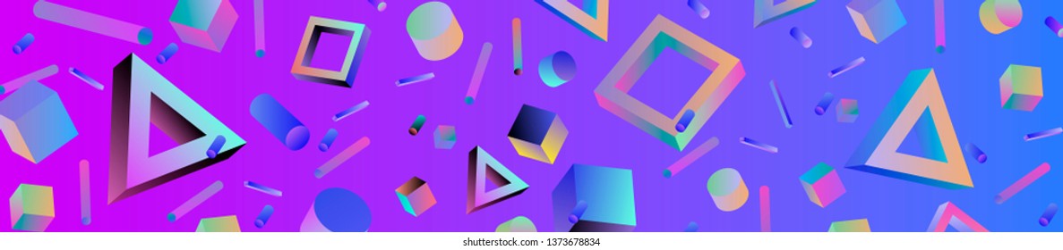 Neo memphis/ vaporwave/ retrowave abstract background. Neon holographic chromatic 3d shapes - polygon, cube, prism, cylinder, cuboid, ect. Retrofuturistic print for t-shirt, notebook, poster, cover.