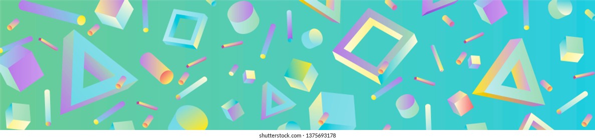 Neo memphis/ vaporwave/ retrowave abstract background. Neon holographic chromatic 3d shapes - polygon, cube, prism, cylinder, cuboid, ect. Retrofuturistic print for t-shirt, notebook, poster, cover.