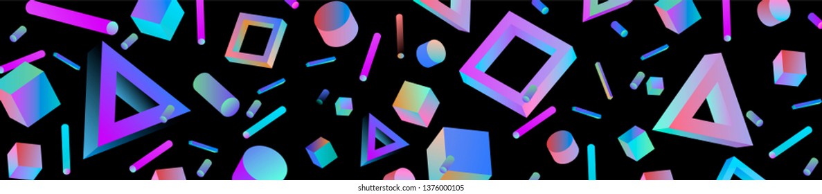 Neo memphis/ vaporwave/ retrowave abstract background. Neon holographic chromatic 3d shapes - polygon, cube, prism, cylinder, cuboid, ect. Retrofuturistic print for t-shirt, notebook, poster, cover.