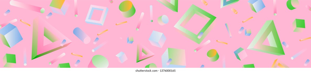 Neo memphis/ vaporwave/ retrowave abstract background. Neon holographic chromatic 3d shapes - polygon, cube, prism, cylinder, cuboid, ect. Retrofuturistic print for t-shirt, notebook, poster, cover.