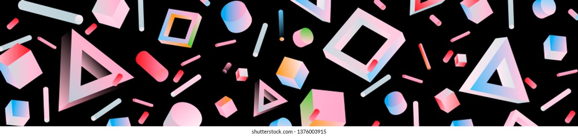 Neo memphis/ vaporwave/ retrowave abstract background. Neon holographic chromatic 3d shapes - polygon, cube, prism, cylinder, cuboid, ect. Retrofuturistic print for t-shirt, notebook, poster, cover.