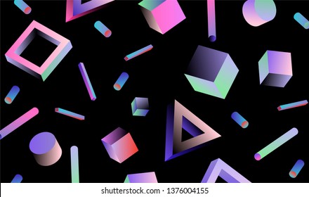 Neo memphis/ vaporwave/ retrowave abstract background. Neon holographic chromatic 3d shapes - polygon, cube, prism, cylinder, cuboid, ect. Retrofuturistic print for t-shirt, notebook, poster, cover.