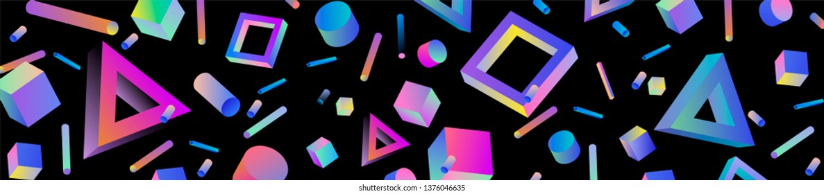 Neo memphis/ vaporwave/ retrowave abstract background. Neon holographic chromatic 3d shapes - polygon, cube, prism, cylinder, cuboid, ect. Retrofuturistic print for t-shirt, notebook, poster, cover.