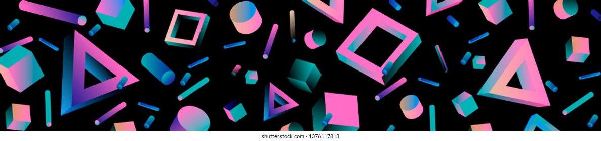 Neo memphis/ vaporwave/ retrowave abstract background. Neon holographic chromatic 3d shapes - polygon, cube, prism, cylinder, cuboid, ect. Retrofuturistic print for t-shirt, notebook, poster, cover.