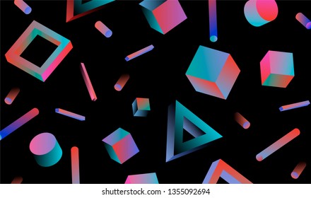 Neo memphis/ vaporwave sci-fi abstract background. Neon holographic chromatic 3d shapes - polygon, cube, prism, cylinder, cuboid, ect. Retrofuturistic print for t-shirt, notebook, poster, cover.
