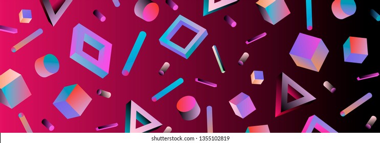 Neo memphis/ vaporwave sci-fi abstract background. Neon holographic chromatic 3d shapes - polygon, cube, prism, cylinder, cuboid, ect. Retrofuturistic print for t-shirt, notebook, poster, cover.