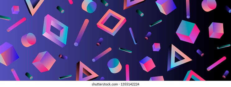 Neo memphis/ vaporwave sci-fi abstract background. Neon holographic chromatic 3d shapes - polygon, cube, prism, cylinder, cuboid, ect. Retrofuturistic print for t-shirt, notebook, poster, cover.