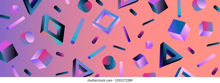 Neo memphis/ vaporwave sci-fi abstract background. Neon holographic chromatic 3d shapes - polygon, cube, prism, cylinder, cuboid, ect. Retrofuturistic print for t-shirt, notebook, poster, cover.