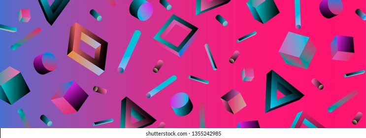 Neo memphis/ vaporwave sci-fi abstract background. Neon holographic chromatic 3d shapes - polygon, cube, prism, cylinder, cuboid, ect. Retrofuturistic print for t-shirt, notebook, poster, cover.