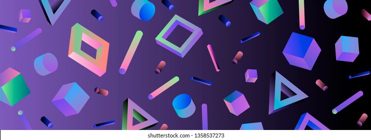 Neo memphis/ vaporwave sci-fi abstract background. Neon holographic chromatic 3d shapes - polygon, cube, prism, cylinder, cuboid, ect. Retrofuturistic print for t-shirt, notebook, poster, cover.