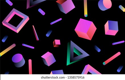 Neo memphis/ vaporwave sci-fi abstract background. Neon holographic chromatic 3d shapes - polygon, cube, prism, cylinder, cuboid, ect. Retrofuturistic print for t-shirt, notebook, poster, cover.