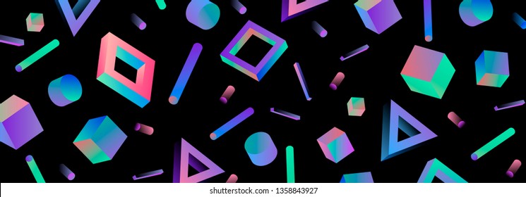 Neo memphis/ vaporwave sci-fi abstract background. Neon holographic chromatic 3d shapes - polygon, cube, prism, cylinder, cuboid, ect. Retrofuturistic print for t-shirt, notebook, poster, cover.