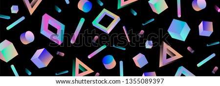 Neo memphis/ vaporwave sci-fi abstract background. Neon holographic chromatic 3d shapes - polygon, cube, prism, cylinder, cuboid, ect. Retrofuturistic print for t-shirt, notebook, poster, cover.