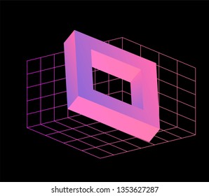 Neo memphis/ vaporwave/ webpunk 3d illustration. Perspective neon laser grid on Cartesian coordinate system and 3d shape. VR concept. 