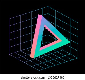 Neo memphis/ vaporwave/ webpunk 3d illustration. Perspective neon laser grid on Cartesian coordinate system and 3d shape. VR concept art.