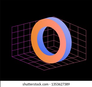 Neo memphis/ vaporwave/ webpunk 3d illustration. Perspective neon laser grid on Cartesian coordinate system and 3d shape. VR concept. 