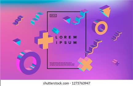 Neo mempis/ vaporwave style holographic background with 3d geometric shapes and objects - crosses, rings, triangles ect. Punchy pastel colors - violet, blue, pink.