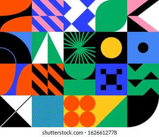 Neo Modernism artwork pattern made with abstract vector geometric shapes and forms. Simple form bold graphic design, useful for web art, invitation cards, posters, prints, textile, backgrounds.