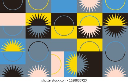 Neo Modernism artwork pattern made with abstract vector geometric shapes and forms. Simple form bold graphic design, useful for web art, invitation cards, posters, prints, textile, backgrounds.