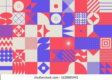 Neo Modernism artwork pattern made with abstract vector geometric shapes and forms. Simple form bold graphic design, useful for web art, invitation cards, posters, prints, textile, backgrounds.