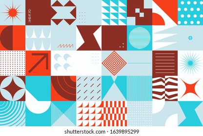 Neo Modernism artwork pattern made with abstract vector geometric shapes and forms. Simple form bold graphic design, useful for web art, invitation cards, posters, prints, textile, backgrounds.