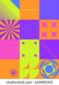 Neo Modernism artwork pattern made with abstract vector geometric shapes and forms. Simple form bold graphic design, useful for web art, invitation cards, posters, prints, textile, backgrounds.