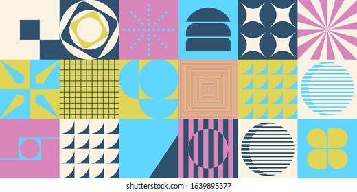 Neo Modernism artwork pattern made with abstract vector geometric shapes and forms. Simple form bold graphic design, useful for web art, invitation cards, posters, prints, textile, backgrounds.