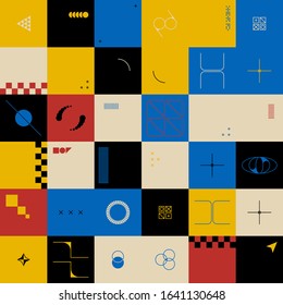 Neo Modernism artwork pattern made with abstract vector geometric shapes and forms. Simple form bold graphic design, useful for web art, invitation cards, posters, prints, textile, backgrounds.