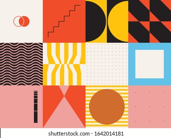 Neo Modernism artwork pattern made with abstract vector geometric shapes and forms. Simple form bold graphic design, useful for web art, invitation cards, posters, prints, textile, backgrounds.