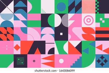 Neo Modernism artwork pattern made with abstract vector geometric shapes and forms. Simple form bold graphic design, useful for web art, invitation cards, posters, prints, textile, backgrounds.