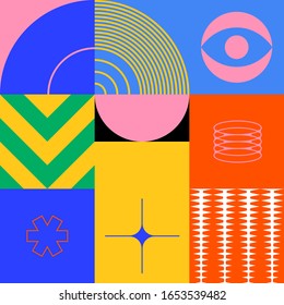 Neo Modernism artwork pattern made with abstract vector geometric shapes and forms. Simple form bold graphic design, useful for web art, invitation cards, posters, prints, textile, backgrounds.