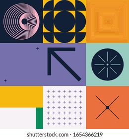Neo Modernism artwork pattern made with abstract vector geometric shapes and forms. Simple form bold graphic design, useful for web art, invitation cards, posters, prints, textile, backgrounds.