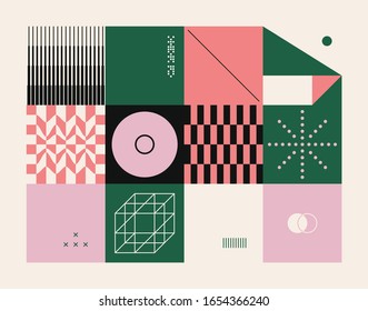 Neo Modernism artwork pattern made with abstract vector geometric shapes and forms. Simple form bold graphic design, useful for web art, invitation cards, posters, prints, textile, backgrounds.