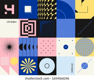 Neo Modernism artwork pattern made with abstract vector geometric shapes and forms. Simple form bold graphic design, useful for web art, invitation cards, posters, prints, textile, backgrounds.