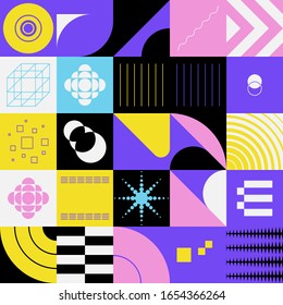 Neo Modernism artwork pattern made with abstract vector geometric shapes and forms. Simple form bold graphic design, useful for web art, invitation cards, posters, prints, textile, backgrounds.