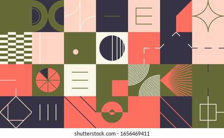 Neo Modernismus Kunstmuster aus abstrakter Vektorillustration geometrische Formen und Formen. Einfache Form fett grafisches Design, nützlich für Web-Kunst, Einladungskarten, Plakate, Drucke, Textilien, Hintergründe.