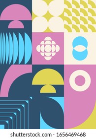 Neo Modernism artwork pattern made with abstract vector geometric shapes and forms. Simple form bold graphic design, useful for web art, invitation cards, posters, prints, textile, backgrounds.