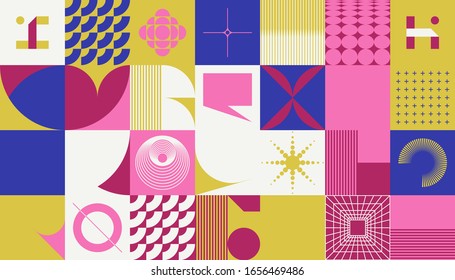 Neo Modernism artwork pattern made with abstract vector geometric shapes and forms. Simple form bold graphic design, useful for web art, invitation cards, posters, prints, textile, backgrounds.