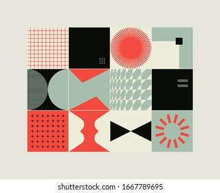 Neo Modernism artwork pattern made with abstract vector geometric shapes and forms. Simple form bold graphic design, useful for web art, invitation cards, posters, prints, textile, backgrounds.