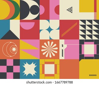 Neo Modernism Artwork Pattern Made With Abstract Vector Geometric Shapes And Forms. Simple Form Bold Graphic Design, Useful For Web Art, Invitation Cards, Posters, Prints, Textile, Backgrounds.