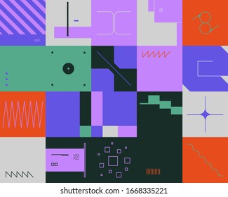 Neo Modernism artwork pattern made with abstract vector geometric shapes and forms. Simple form bold graphic design, useful for web art, invitation cards, posters, prints, textile, backgrounds.